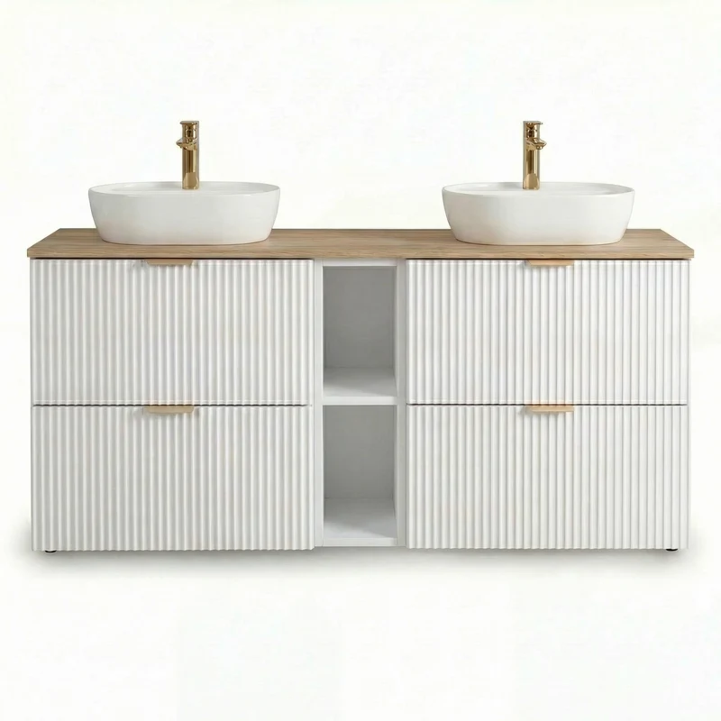 Badmöbel-Set: 140 cm Schrank mit Regal und 2 Waschbecken Willy - Weiß, Walnussplatte