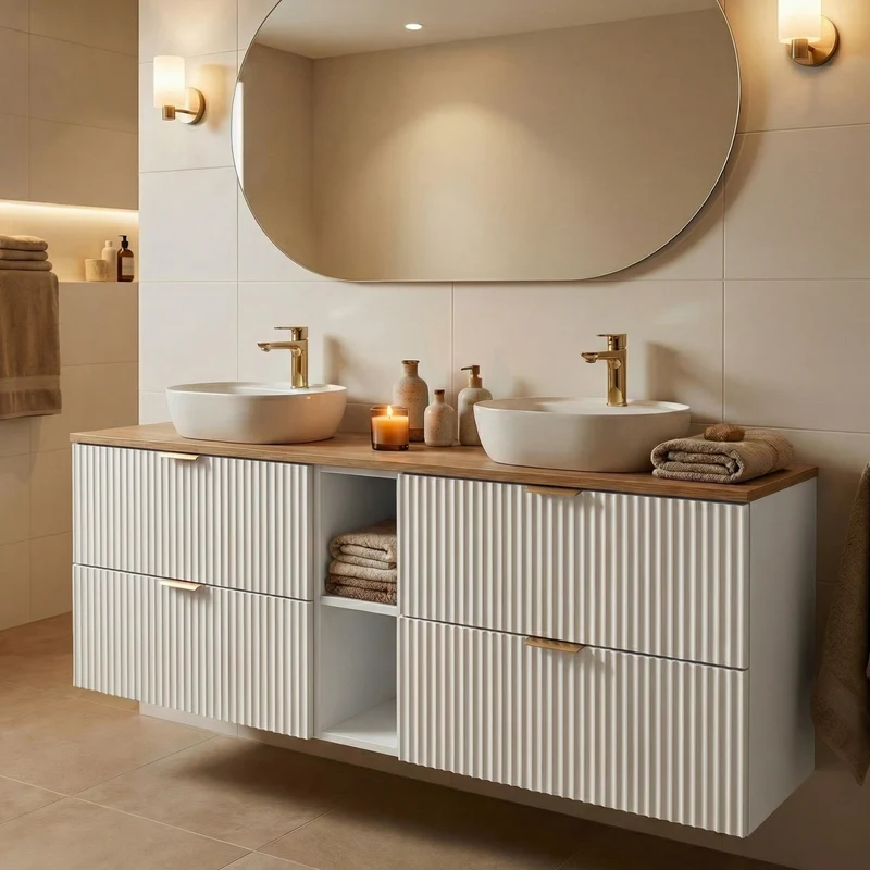 Badmöbel-Set: 140 cm Schrank mit Regal und 2 Waschbecken Willy - Weiß, Walnussplatte