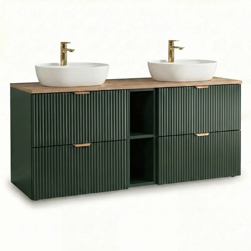 Badmöbel-Set: 140 cm Schrank mit Regal und 2 Waschbecken Willy - Salbei, Walnussplatte