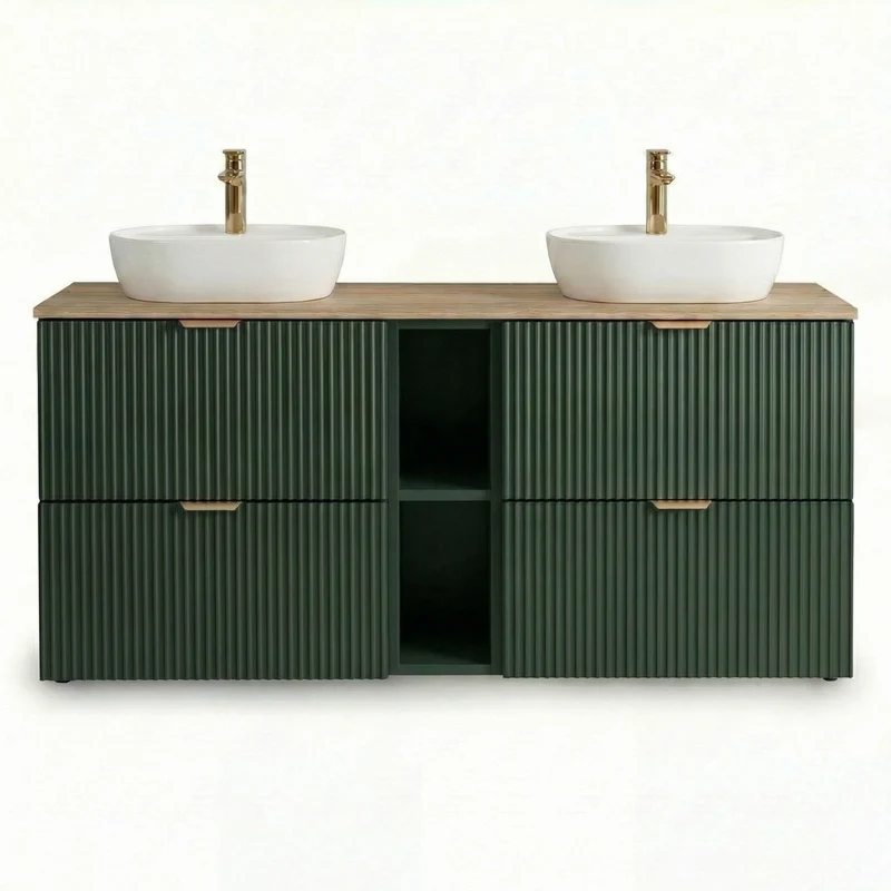 Badmöbel-Set: 140 cm Schrank mit Regal und 2 Waschbecken Willy - Salbei, Walnussplatte
