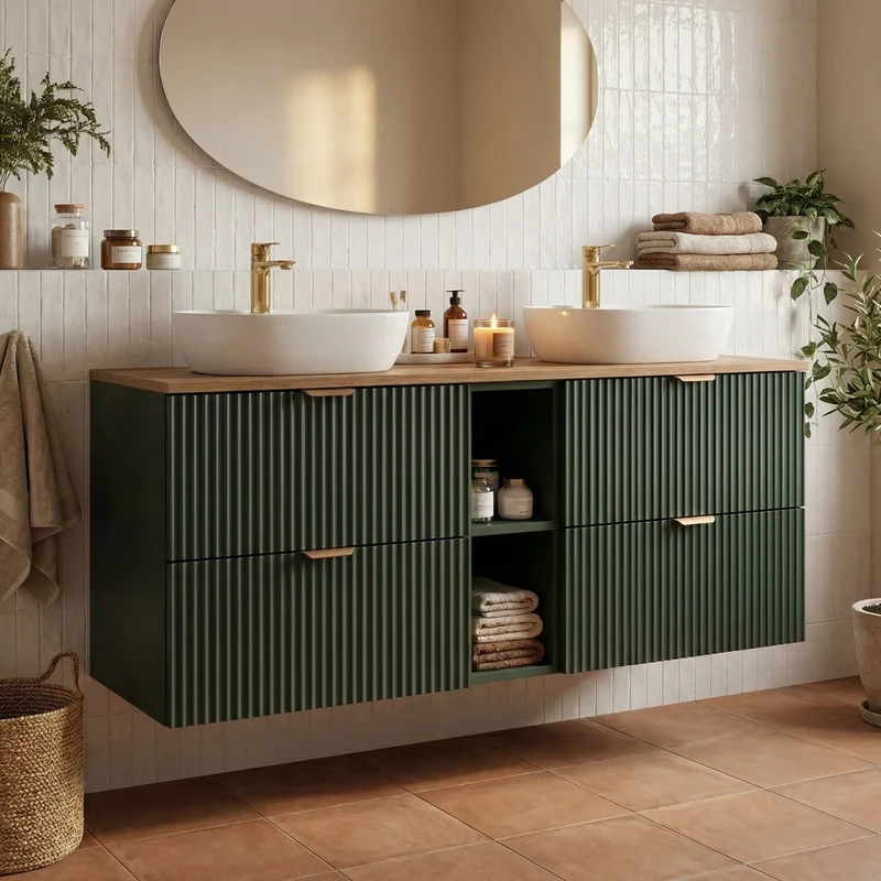Badmöbel-Set: 140 cm Schrank mit Regal und 2 Waschbecken Willy - Salbei, Walnussplatte