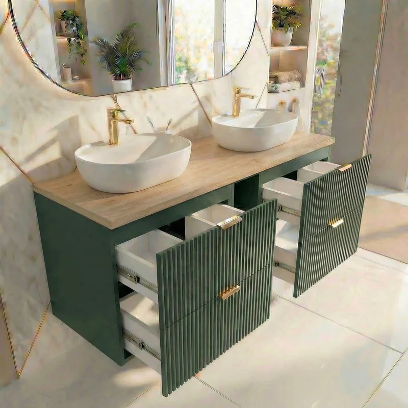 Badmöbel-Set: 140 cm Schrank mit Regal und 2 Waschbecken Willy - Salbei, Walnussplatte