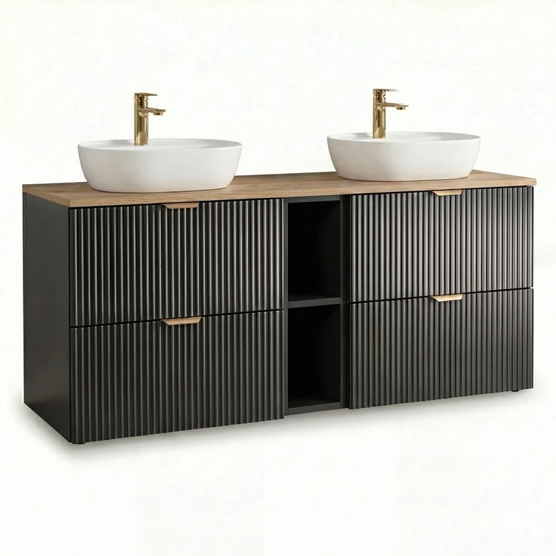 Badmöbel-Set: 140 cm Schrank mit Regal und 2 Waschbecken Willy - Schwarz, Walnussplatte