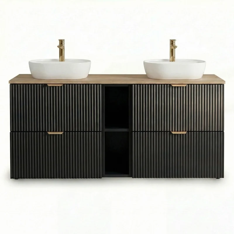 Badmöbel-Set: 140 cm Schrank mit Regal und 2 Waschbecken Willy - Schwarz, Walnussplatte