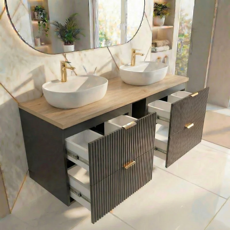Badmöbel-Set: 140 cm Schrank mit Regal und 2 Waschbecken Willy - Schwarz, Walnussplatte