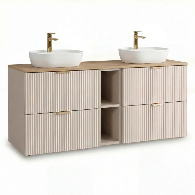 Badmöbel-Set: 140 cm Schrank mit Regal und 2 Waschbecken Willy - Kaschmir, Walnussplatte