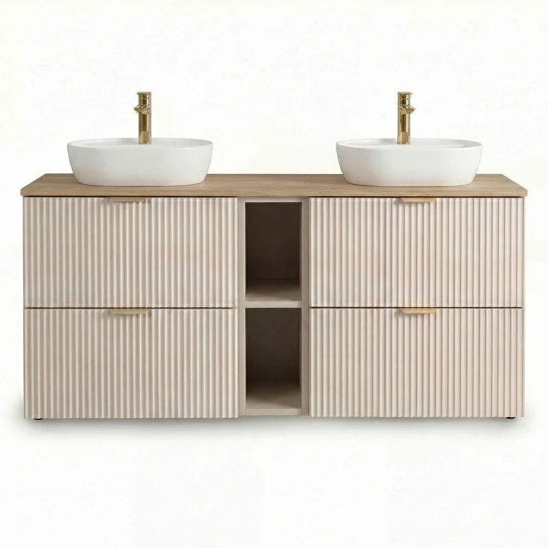 Badmöbel-Set: 140 cm Schrank mit Regal und 2 Waschbecken Willy - Kaschmir, Walnussplatte