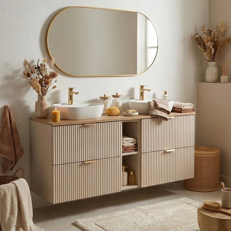 Badmöbel-Set: 140 cm Schrank mit Regal und 2 Waschbecken Willy - Kaschmir, Walnussplatte