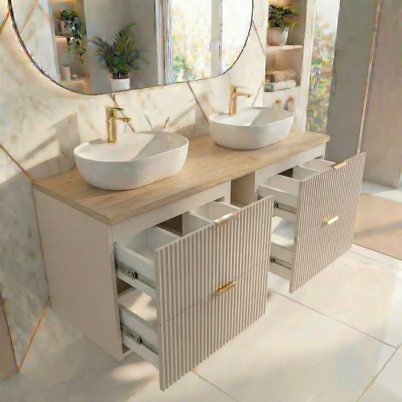 Badmöbel-Set: 140 cm Schrank mit Regal und 2 Waschbecken Willy - Kaschmir, Walnussplatte