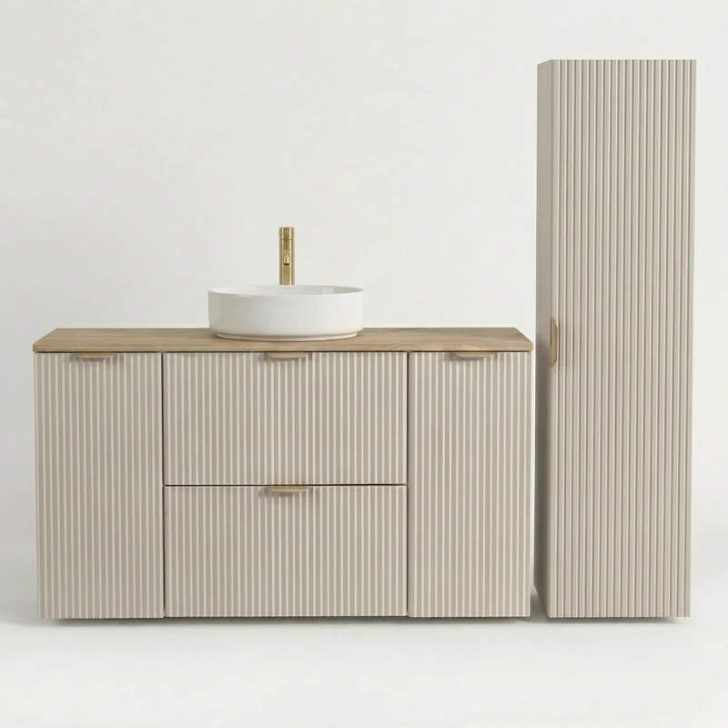 Badmöbel-Set: 120 cm Schrank mit 2 Türen, 2 Schubladen und Bad Hochschrank Willy - Kaschmir, Walnussplatte