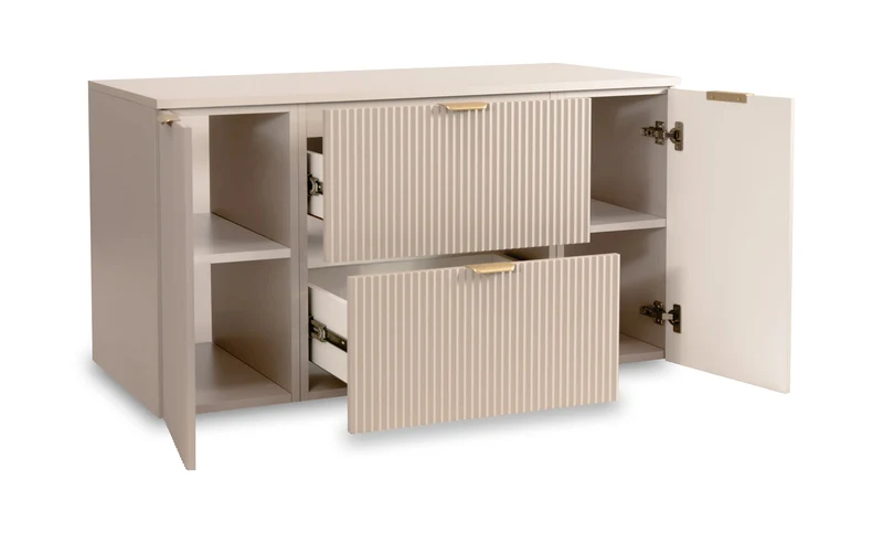 Badmöbel-Set: 120 cm Schrank mit 2 Türen, 2 Schubladen und Bad Hochschrank Willy - Kaschmir, Walnussplatte