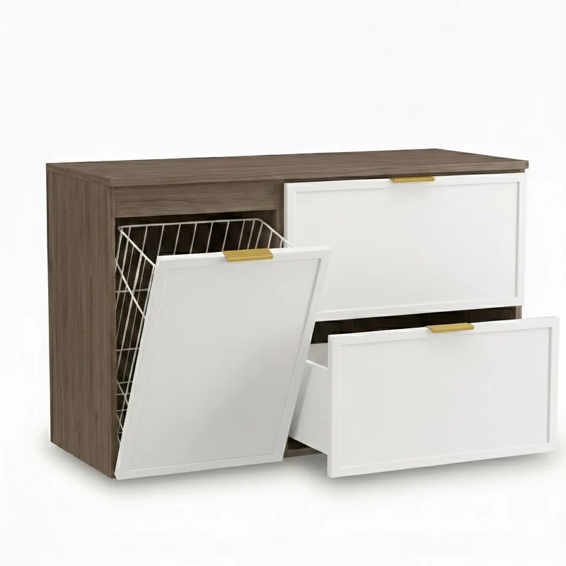 Waschtischunterschrank 100 cm mit Wäschekorb Roma - Weiß/Walnuss Dunkel