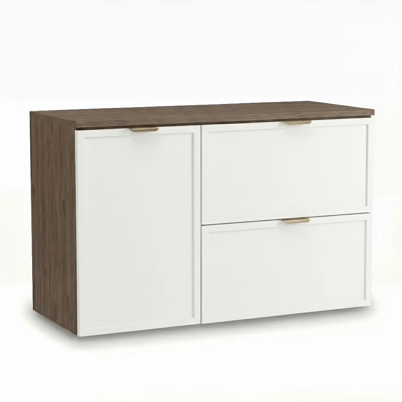Waschtischunterschrank 100 cm mit Wäschekorb Roma - Weiß/Walnuss Dunkel