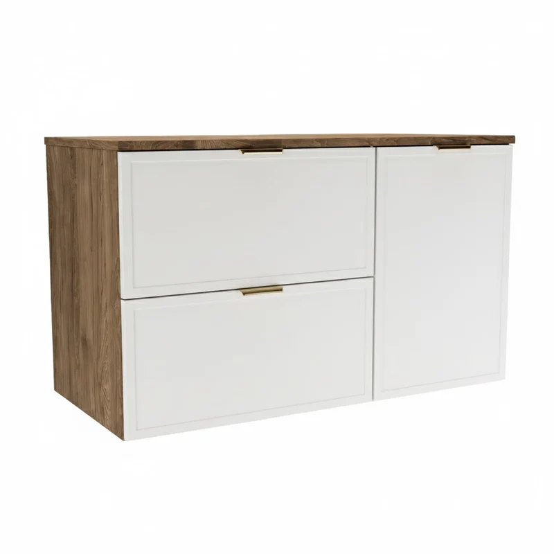 Waschtischunterschrank 100 cm mit Wäschekorb Roma - Weiß/Walnuss Dunkel