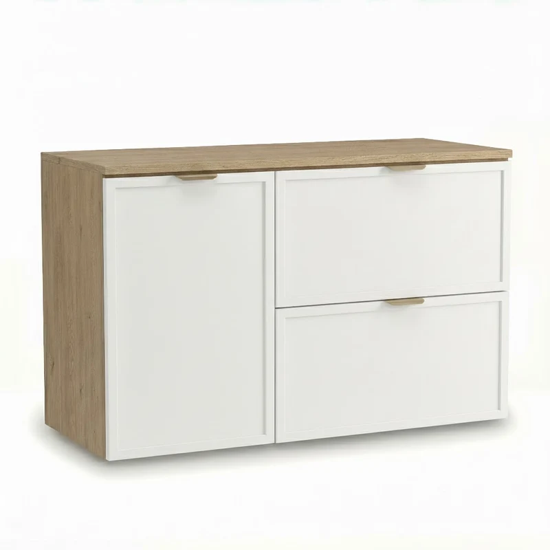 Waschtischunterschrank 100 cm mit Wäschekorb Roma - Weiß/Eiche Cremona