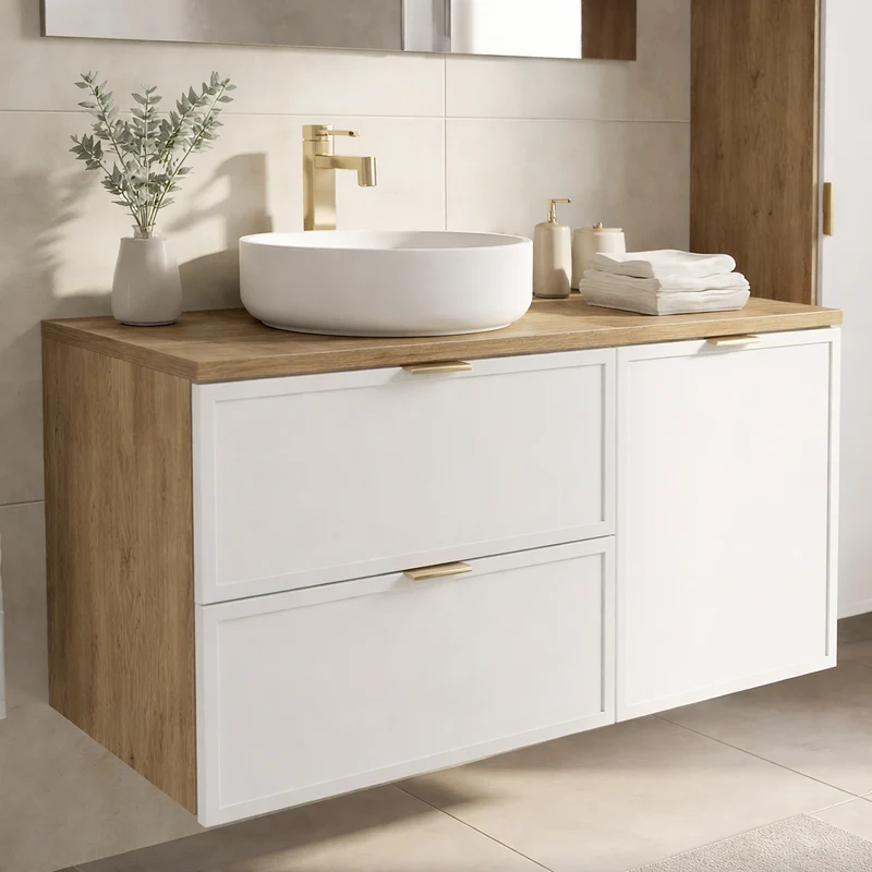 Waschtischunterschrank 100 cm mit Wäschekorb Roma - Weiß/Eiche Cremona