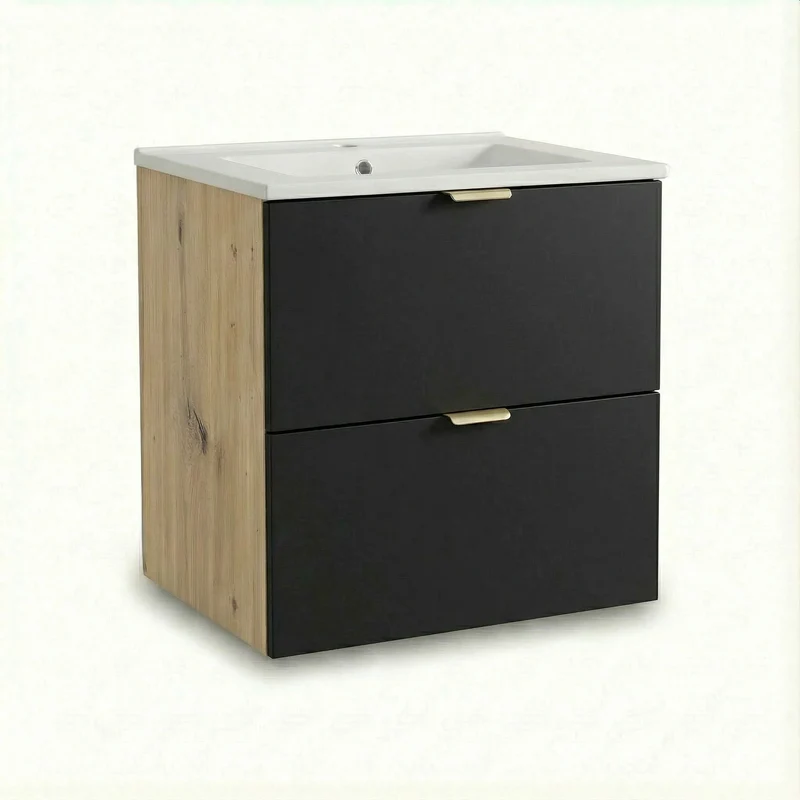 Waschtischunterschrank 60 cm mit Waschbecken Orio - Schwarz/Eiche artisan