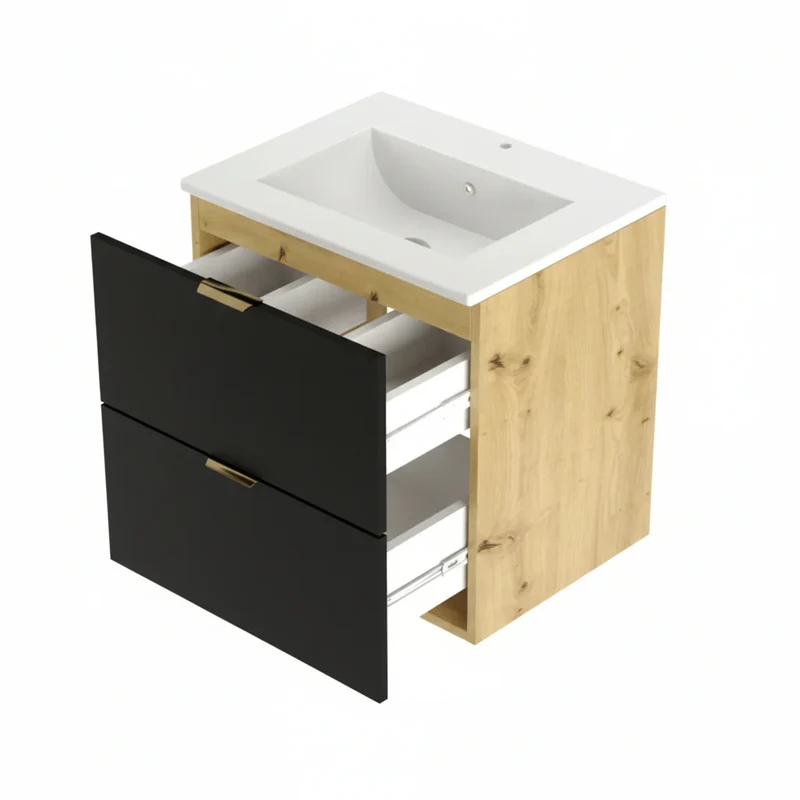 Waschtischunterschrank 60 cm mit Waschbecken Orio - Schwarz/Eiche artisan