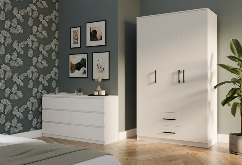 ROMANA SCHRANK 120 WEISS 3 TÜREN 2 SCHUBLADEN 120 CM MIT REGALBÖDEN FÜR DAS SCHLAFZIMMER
