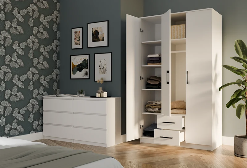 ROMANA SCHRANK 120 WEISS 3 TÜREN 2 SCHUBLADEN 120 CM MIT REGALBÖDEN FÜR DAS SCHLAFZIMMER