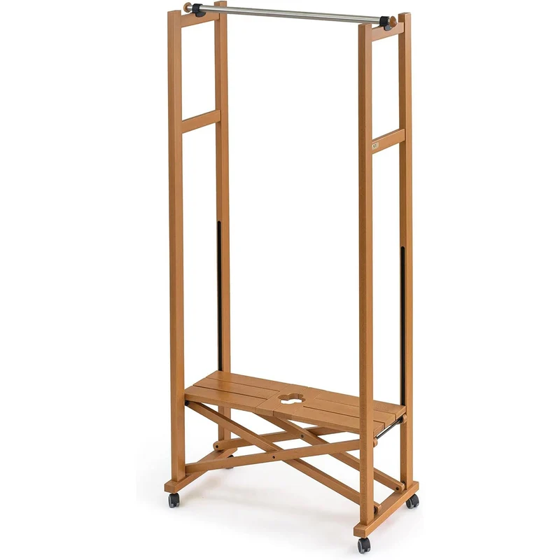 ARIT Elios – Kleiderständer aus Buchenholz auf Rollen, klappbar, ausziehbare Kleiderstange 78–140 cm, Kirschbaumfarbe, Made in Italy