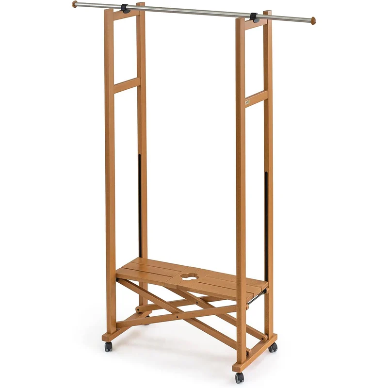 ARIT Elios – Kleiderständer aus Buchenholz auf Rollen, klappbar, ausziehbare Kleiderstange 78–140 cm, Kirschbaumfarbe, Made in Italy