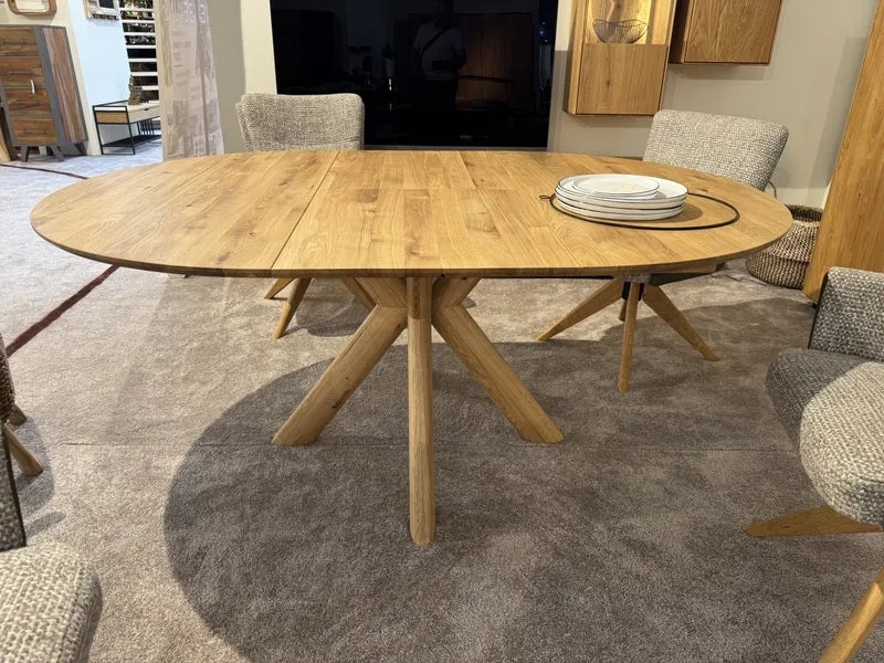 Esstisch rund ausziehbar Eiche massiv, runder Tisch ausziehbar Eiche, ausziehbarer Tisch rund Eiche, Länge 120-170 cm (Tischgestell Eiche massiv)