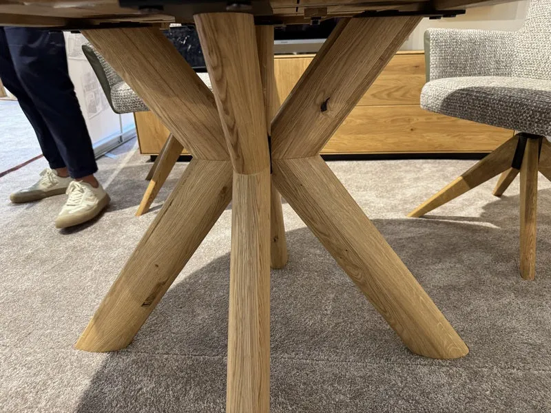 Esstisch rund ausziehbar Eiche massiv, runder Tisch ausziehbar Eiche, ausziehbarer Tisch rund Eiche, Länge 120-170 cm (Tischgestell Eiche massiv)