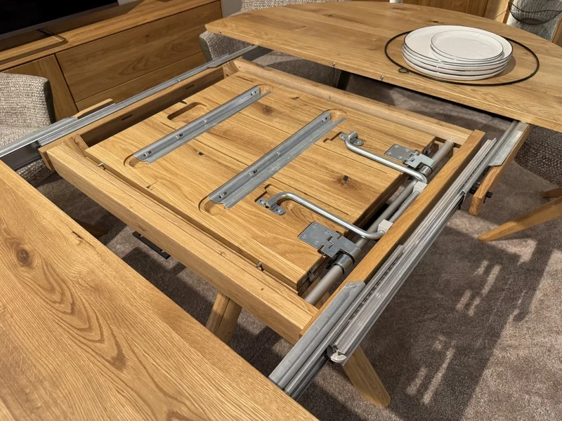 Esstisch rund ausziehbar Eiche massiv, runder Tisch ausziehbar Eiche, ausziehbarer Tisch rund Eiche, Länge 120-170 cm (Tischgestell Eiche massiv)