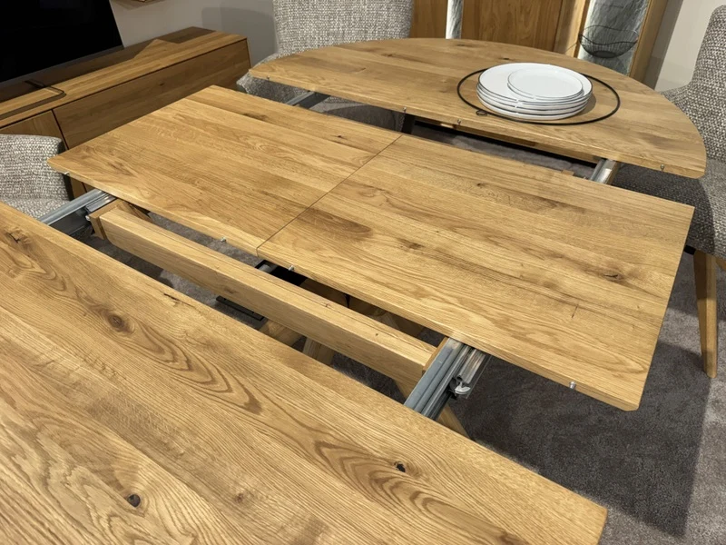 Esstisch rund ausziehbar Eiche massiv, runder Tisch ausziehbar Eiche, ausziehbarer Tisch rund Eiche, Länge 120-170 cm (Tischgestell Eiche massiv)