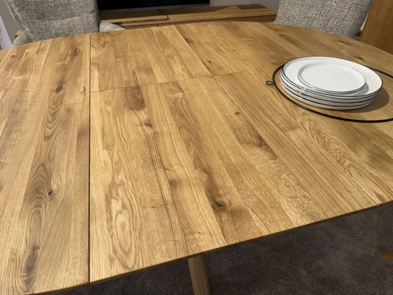 Esstisch rund ausziehbar Eiche massiv, runder Tisch ausziehbar Eiche, ausziehbarer Tisch rund Eiche, Länge 120-170 cm (Tischgestell Eiche massiv)