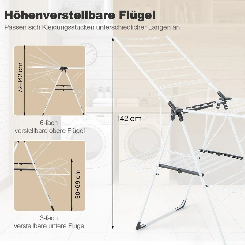 Costway - Wäscheständer Klappbar, mit 2-stufigem Trockenbere, Wäscheständer Platzsparend, Höhenverstellbare Flügel, Weiß