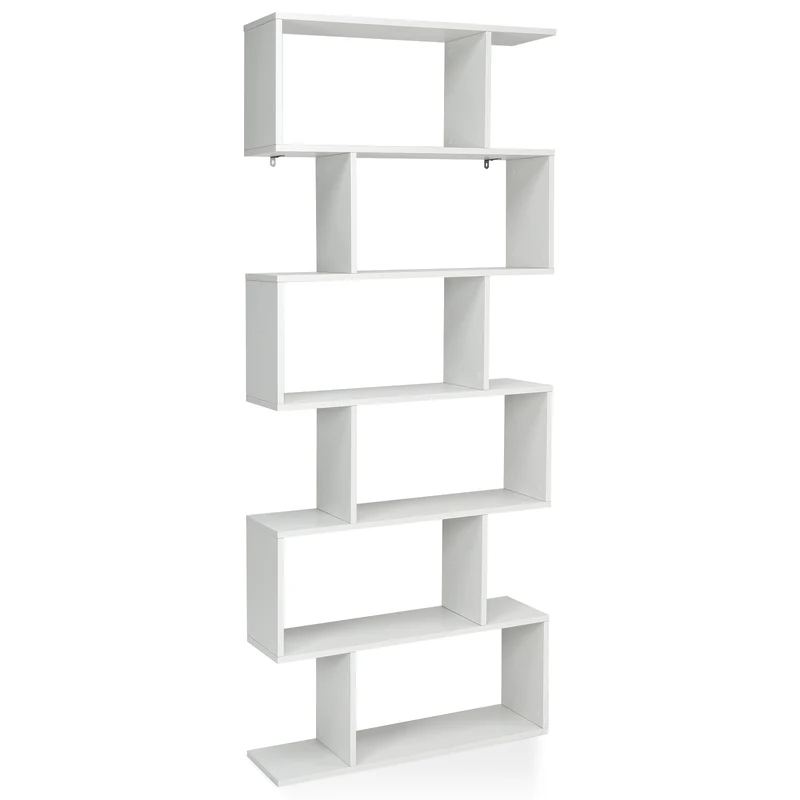 Costway - Bücherregal, Bücherregal mit 6 Ebenen, S-Form Standregal, Aufbewahrungsregal, Holz, Farbwahl-Weiß