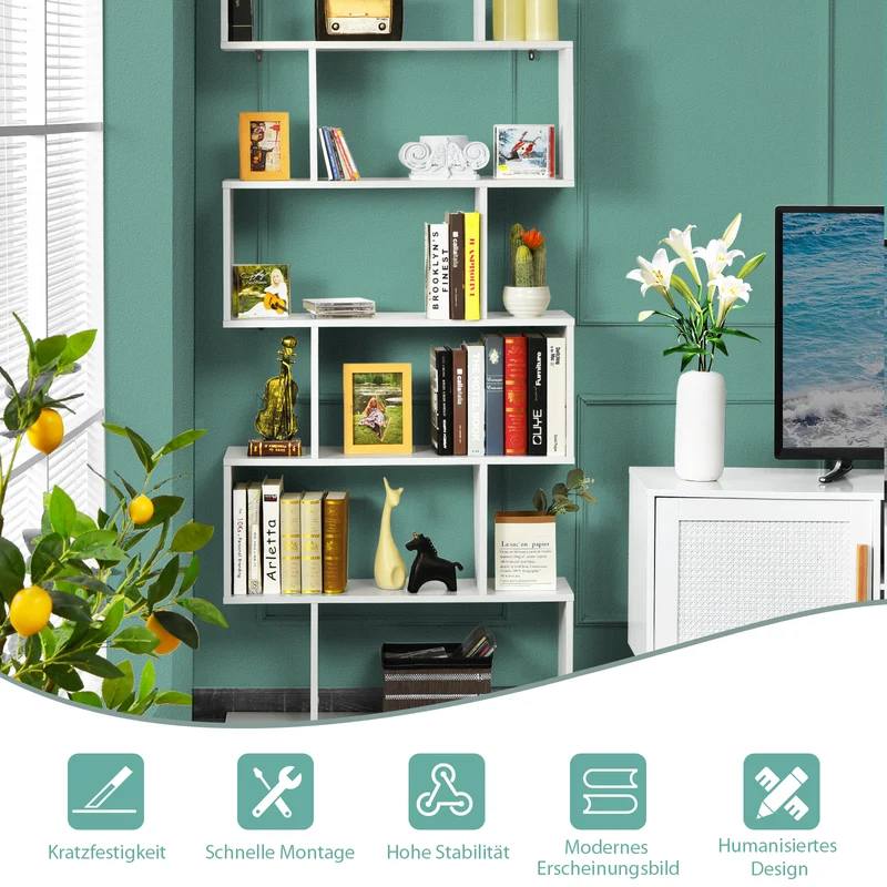 Costway - Bücherregal, Bücherregal mit 6 Ebenen, S-Form Standregal, Aufbewahrungsregal, Holz, Farbwahl-Weiß