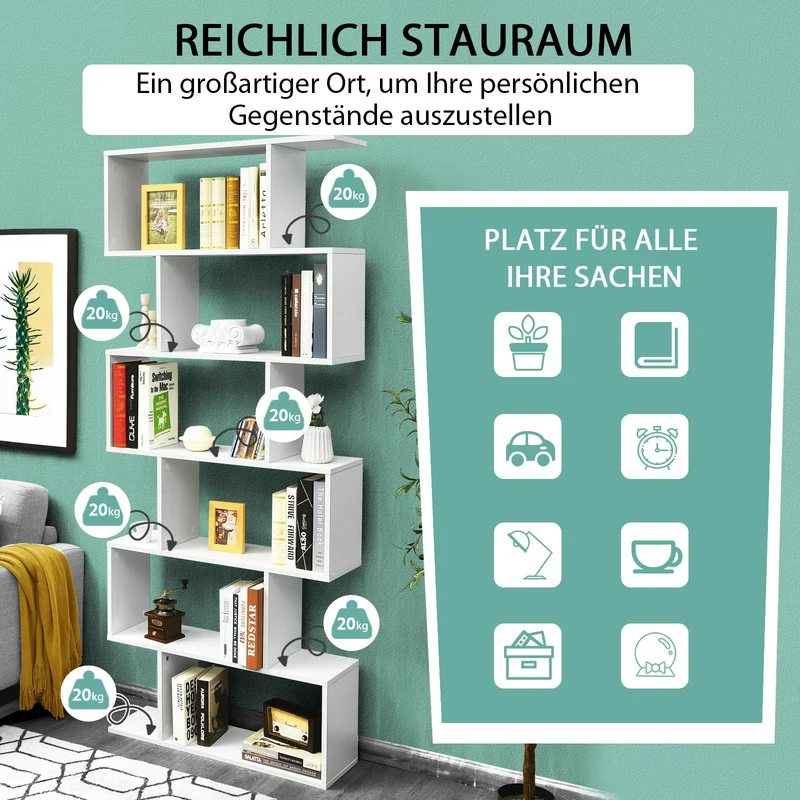 Costway - Bücherregal, Bücherregal mit 6 Ebenen, S-Form Standregal, Aufbewahrungsregal, Holz, Farbwahl-Weiß