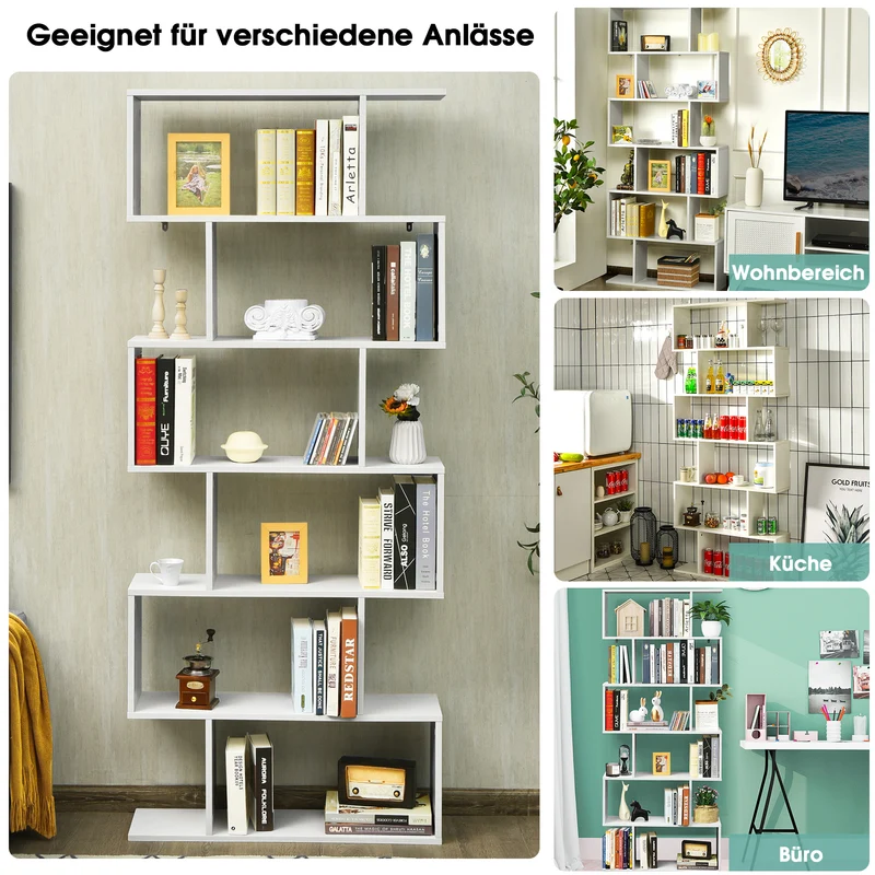 Costway - Bücherregal, Bücherregal mit 6 Ebenen, S-Form Standregal, Aufbewahrungsregal, Holz, Farbwahl-Weiß