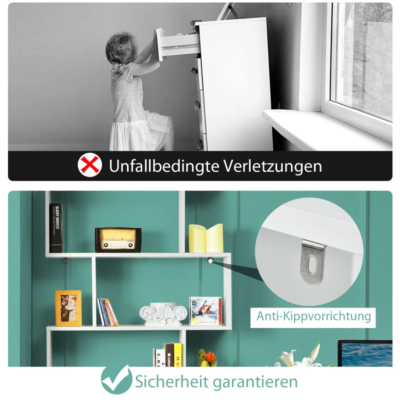 Costway - Bücherregal, Bücherregal mit 6 Ebenen, S-Form Standregal, Aufbewahrungsregal, Holz, Farbwahl-Weiß