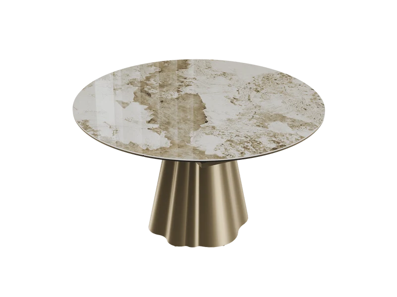 Esstisch rund Keramik taupe, Tisch rund Keramik ausziehbar, Esstisch Gold Marmoroptik Durchmesser 135 cm
