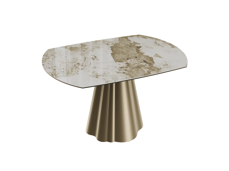 Esstisch rund Keramik taupe, Tisch rund Keramik ausziehbar, Esstisch Gold Marmoroptik Durchmesser 135 cm