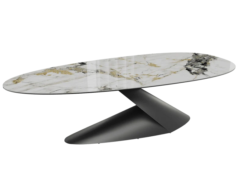 Keramik Gold-weiß, ovaler Esstisch Keramik-Tischplatte, Tisch Gold Marmoroptik Keramik, Länge 270 cm