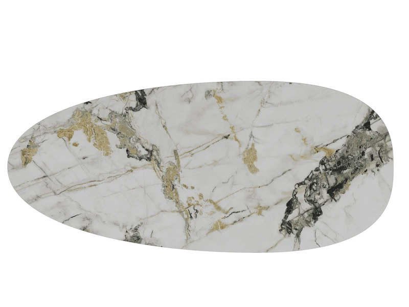 Keramik Gold-weiß, ovaler Esstisch Keramik-Tischplatte, Tisch Gold Marmoroptik Keramik, Länge 270 cm