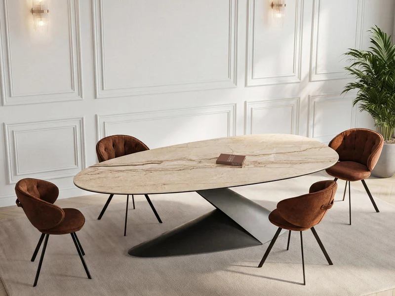 Keramik beige, ovaler Esstisch Keramik-Tischplatte, Tisch beige Keramik, Länge 270 cm