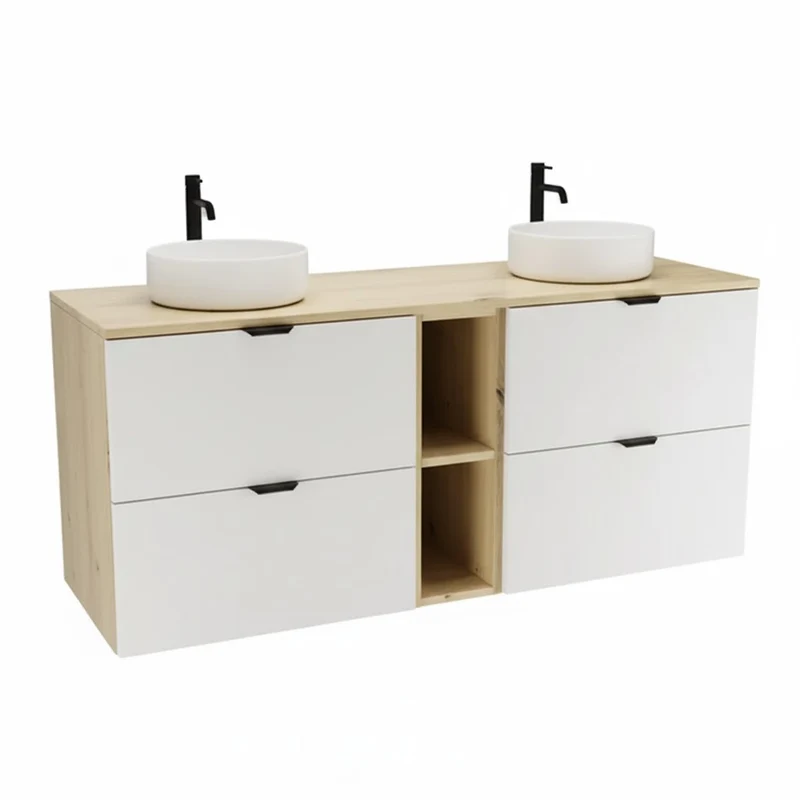 Badmöbel-Set: Waschtischunterschrank 140 cm mit Regal und 2 Waschbecken Orio - Weiß/Eiche artisan