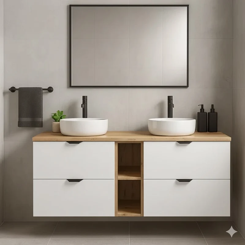 Badmöbel-Set: Waschtischunterschrank 140 cm mit Regal und 2 Waschbecken Orio - Weiß/Eiche artisan
