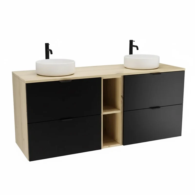 Badmöbel-Set: Waschtischunterschrank 140 cm mit Regal und 2 Waschbecken Orio - Schwarz/Eiche artisan