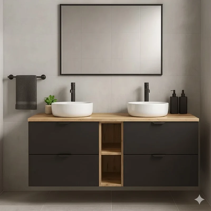 Badmöbel-Set: Waschtischunterschrank 140 cm mit Regal und 2 Waschbecken Orio - Schwarz/Eiche artisan