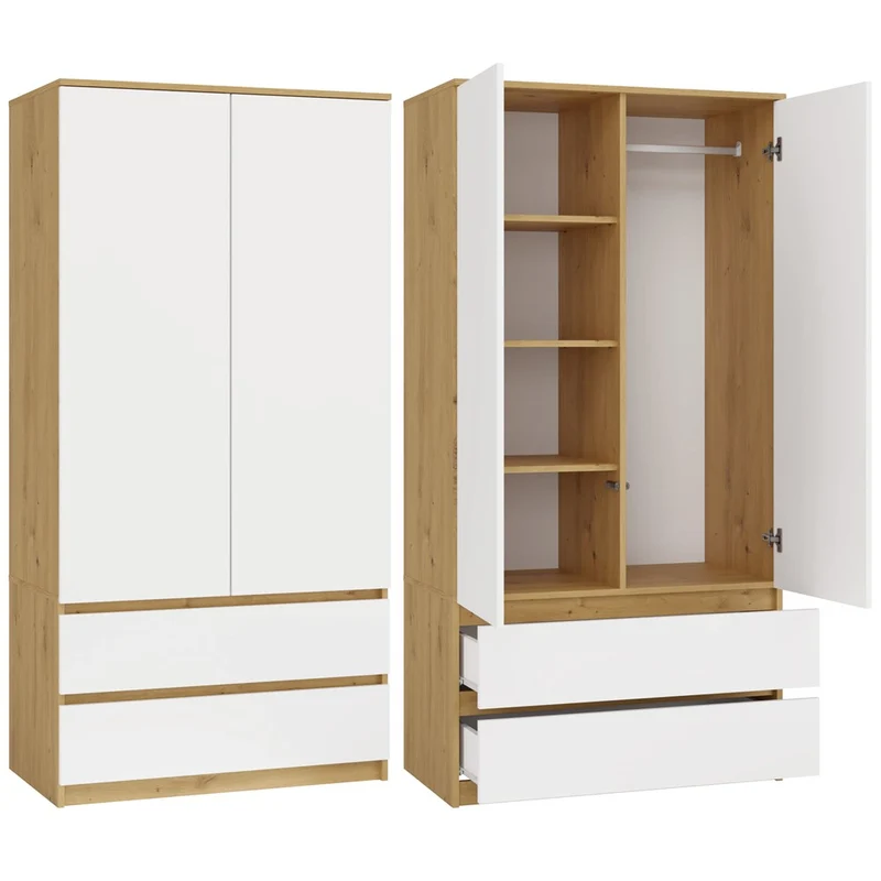 Moderner Schrank Malwa SS-90 | Farbe: Eiche Artisan - Weiß | Ideal für EIN Schlafzimmer, Flur, Kinderzimmer oder Büro | Kleiderständer, Garderobenständer | 4 praktische Einlegebögen | 2 Schubladen