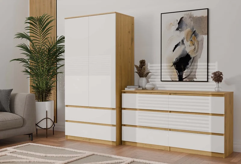 Moderner Schrank Malwa SS-90 | Farbe: Eiche Artisan - Weiß | Ideal für EIN Schlafzimmer, Flur, Kinderzimmer oder Büro | Kleiderständer, Garderobenständer | 4 praktische Einlegebögen | 2 Schubladen