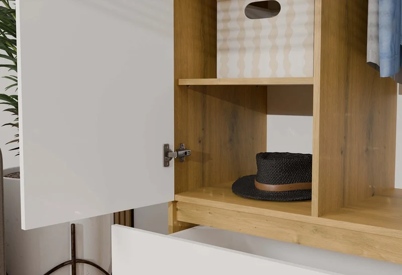 Moderner Schrank Malwa SS-90 | Farbe: Eiche Artisan - Weiß | Ideal für EIN Schlafzimmer, Flur, Kinderzimmer oder Büro | Kleiderständer, Garderobenständer | 4 praktische Einlegebögen | 2 Schubladen