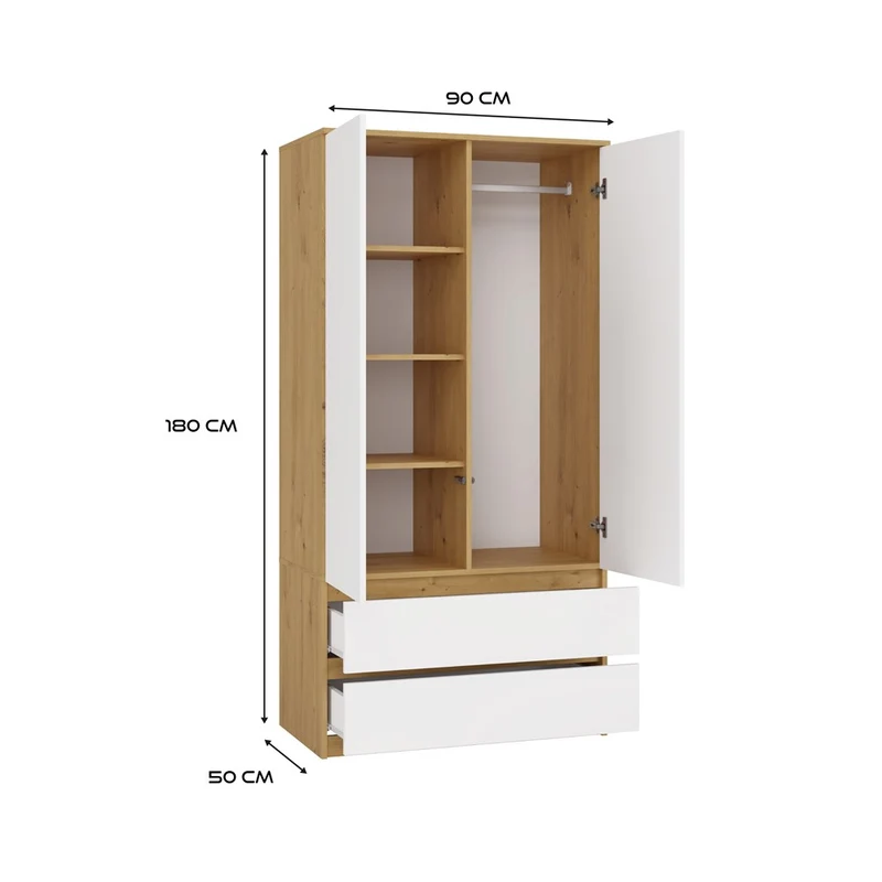 Moderner Schrank Malwa SS-90 | Farbe: Eiche Artisan - Weiß | Ideal für EIN Schlafzimmer, Flur, Kinderzimmer oder Büro | Kleiderständer, Garderobenständer | 4 praktische Einlegebögen | 2 Schubladen